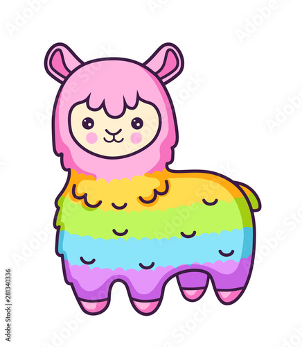 Kawaii rainbow llama. Alpaca. Cute cartoon character. Vector illustration.