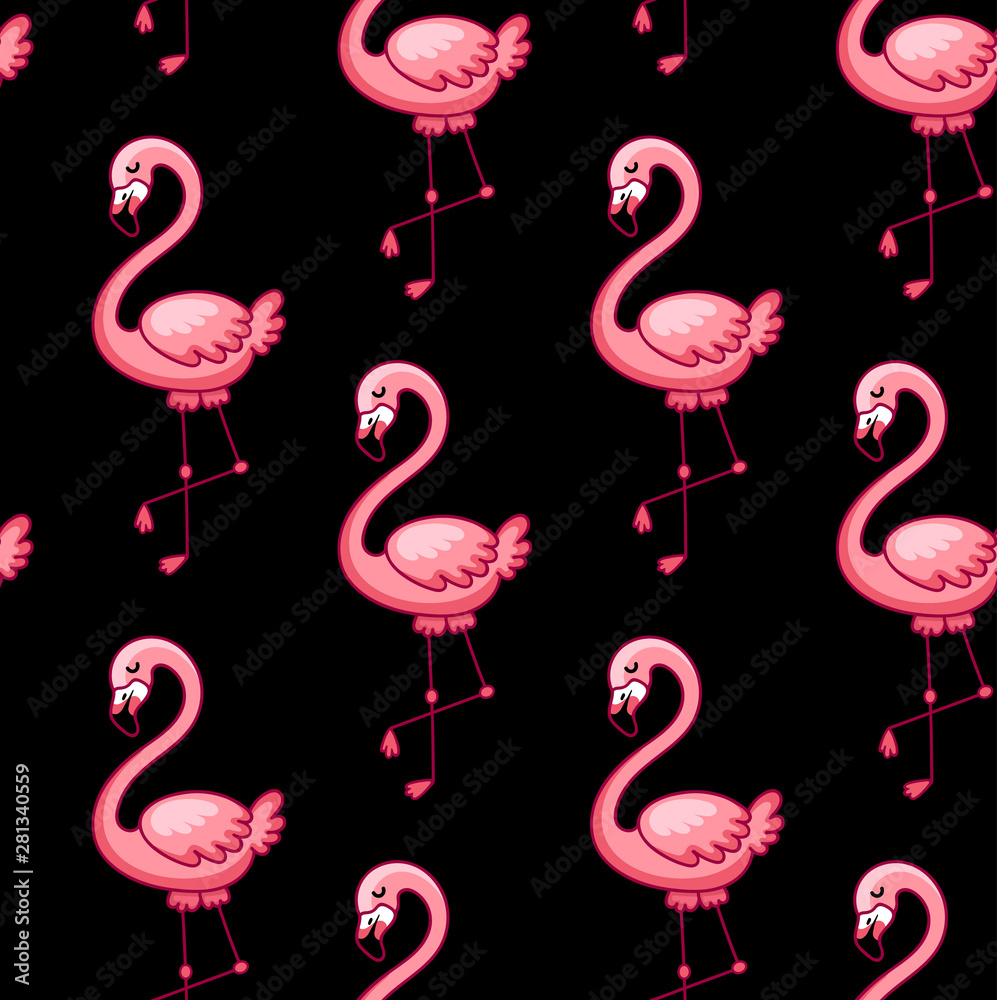 Fototapeta premium Seamless pattern of pink flamingos on a black background. Exotic print for textile, fabric, posters, postcard, decor, paper, wallpaper. Vector illustration.