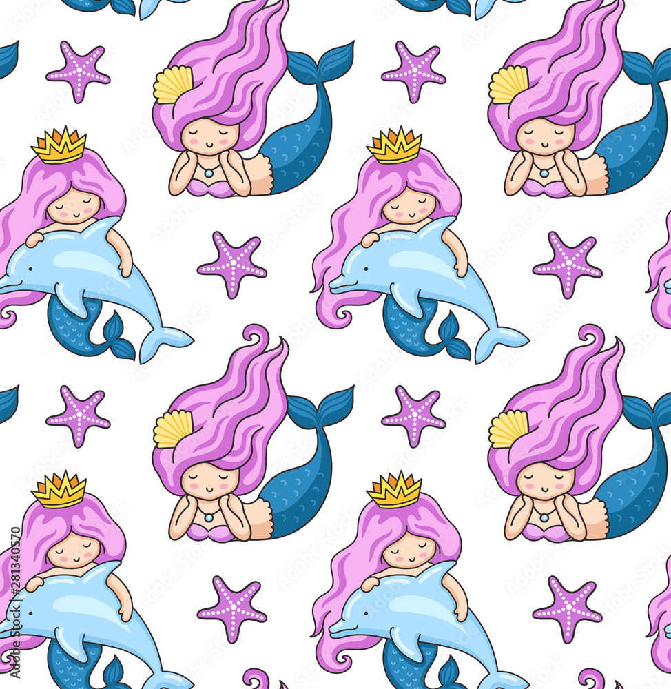 Mermaids, dolphins, starfish. Seamless pattern. Vector illustration.