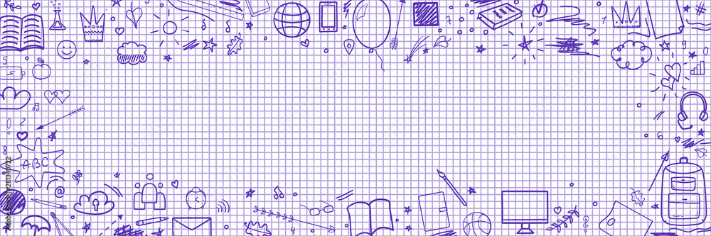 Abstract pattern with school supplies. Graphic paper background. Checkered texture. Back to school. Set of different signs. Hand drawn elements. Illustration for banners, flyers or posters Abstract pattern with school supplies. Graphic paper background. Checkered texture. Back to school. Set of different signs. Hand drawn elements. Illustration for banners, flyers or posters