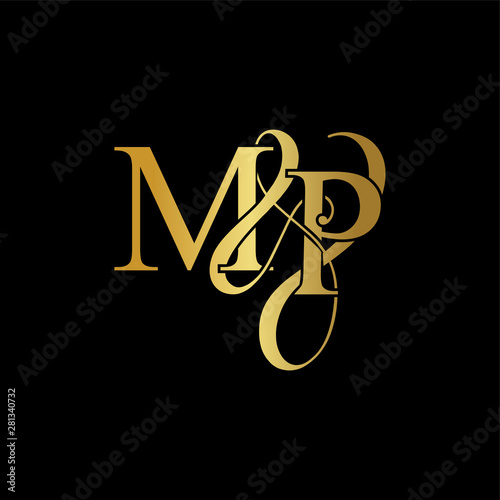 Initial letter M & P MP luxury art vector mark logo, gold color on black background.