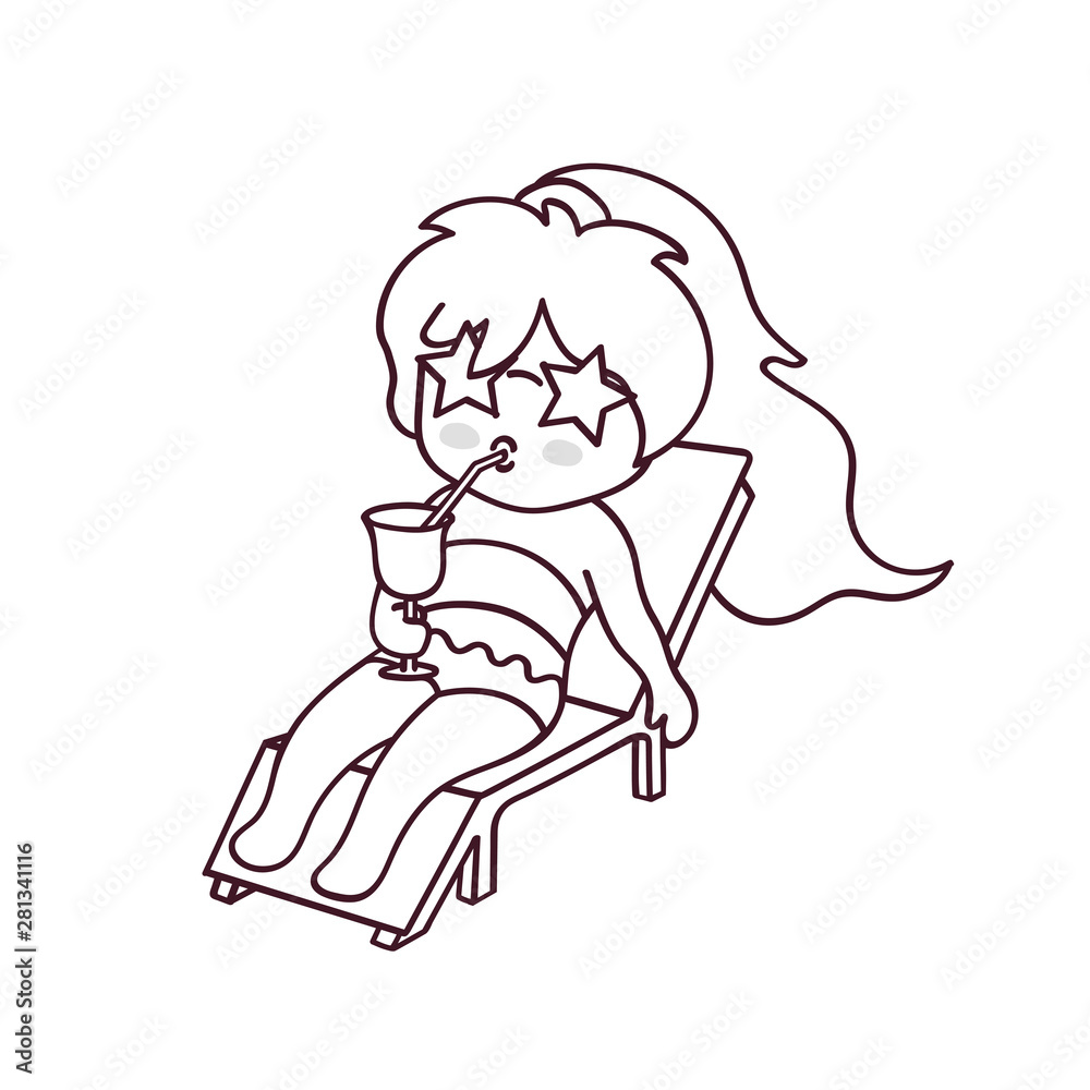 Girl lying on a deck chair and drinking a cocktail. Cute cartoon character for emoji, sticker, pin, patch, badge.