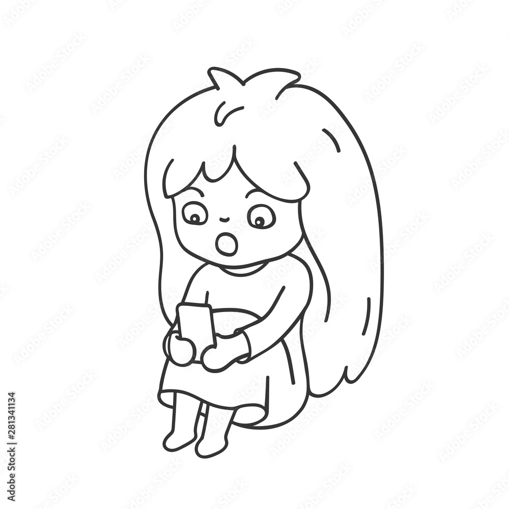 Surprised little girl with a phone in her hands. Cute cartoon character for emoji, sticker, pin, patch, badge. Surprised little girl with a phone in her hands. Cute cartoon character for emoji, sticker, pin, patch, badge.