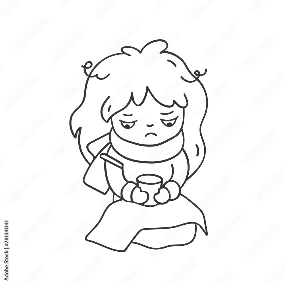 Sick sad little girl with a thermometer and scarf. Cute cartoon character for emoji, sticker, pin, patch, badge.