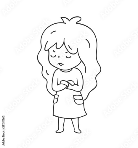 Offended little girl, arms folded. Cute cartoon character for emoji, sticker, pin, patch, badge.