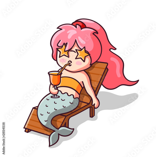 Mermaid lying on a deck chair and drinking a cocktail. Kawaii cartoon character. Vector illustration.