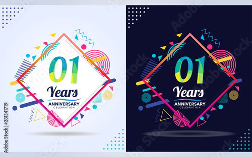 1 years anniversary with modern square design elements, colorful edition, celebration template design.