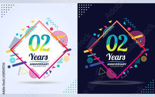 2 years anniversary with modern square design elements, colorful edition, celebration template design.