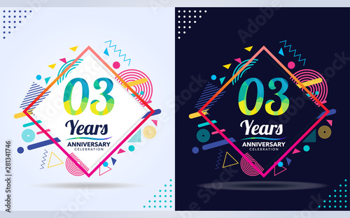 3 years anniversary with modern square design elements, colorful edition, celebration template design.