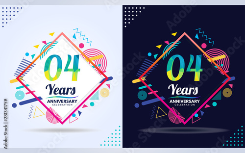 4 years anniversary with modern square design elements, colorful edition, celebration template design.
