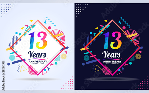 13 years anniversary with modern square design elements, colorful edition, celebration template design.
