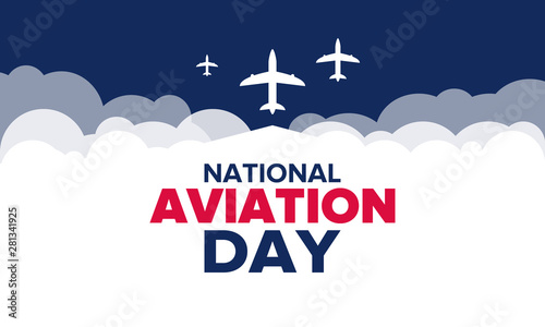 National Aviation Day in United States. Holiday, celebrated annual in August 19. Design with airplane and american flag. Patriotic element. Poster, greeting card, banner and background. Vector illustr