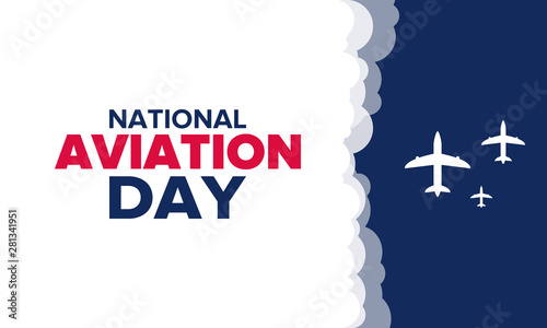 National Aviation Day in United States. Holiday, celebrated annual in August 19. Design with airplane and american flag. Patriotic element. Poster, greeting card, banner and background. Vector illustr