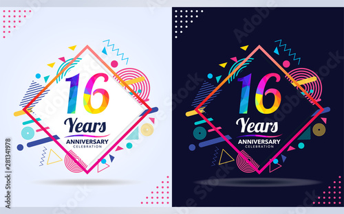 16 years anniversary with modern square design elements, colorful edition, celebration template design.