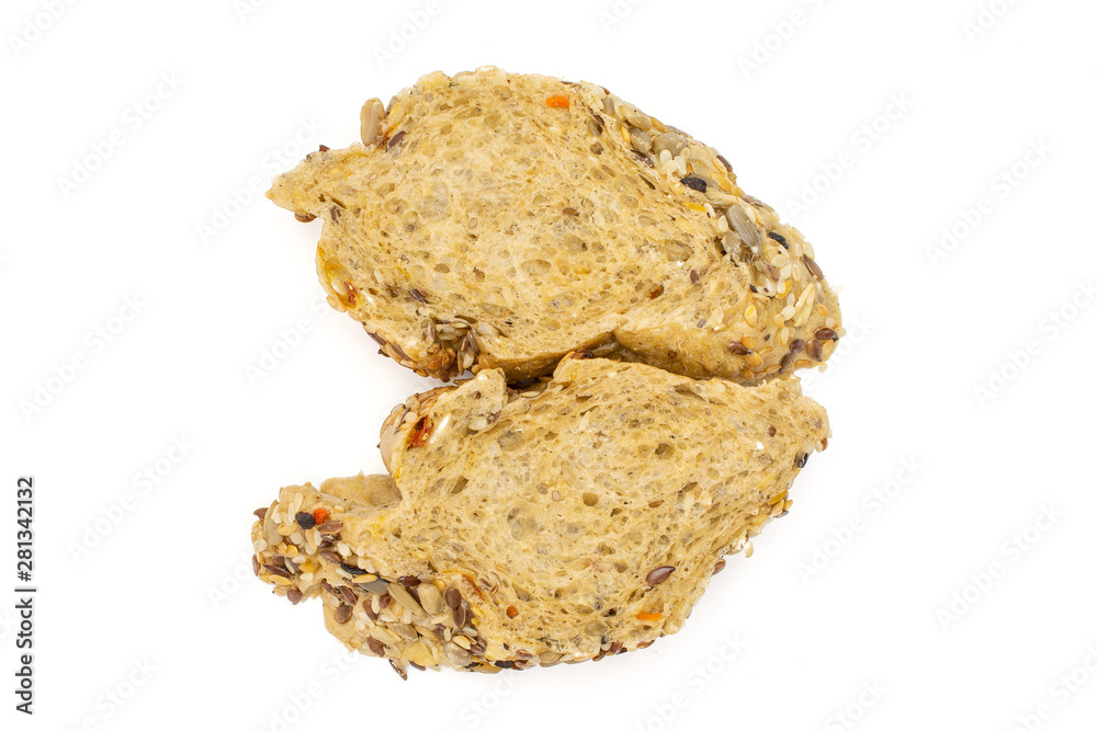 Group of two slices of fresh cereal baguette flatlay isolated on white background Group of two slices of fresh cereal baguette flatlay isolated on white background