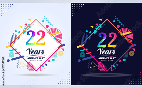 22 years anniversary with modern square design elements, colorful edition, celebration template design