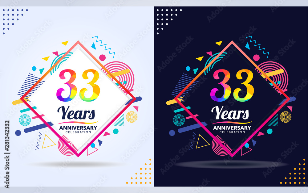 33 years anniversary with modern square design elements, colorful edition, celebration template design 33 years anniversary with modern square design elements, colorful edition, celebration template design
