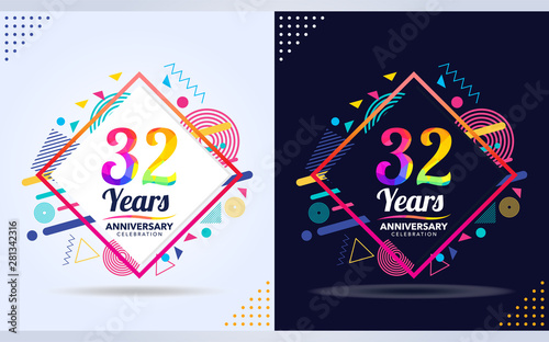 32 years anniversary with modern square design elements, colorful edition, celebration template design