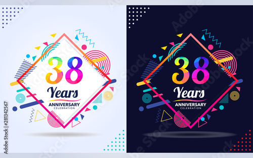 38 years anniversary with modern square design elements, colorful edition, celebration template design.