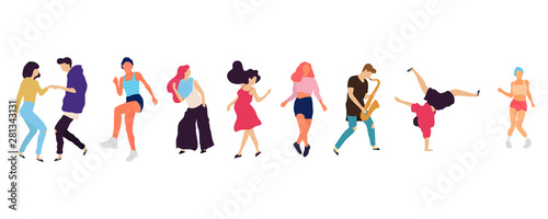Crowd of young people dancing at club. Big set of characters having fun at party. Flat colorful vector illustration.