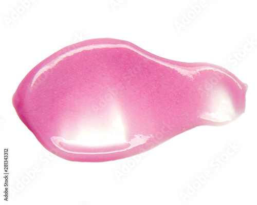 Pink cosmetic cream swipe isolated on white background. Makeup foundation smear. BB, CC, DD cream, lip balm texture