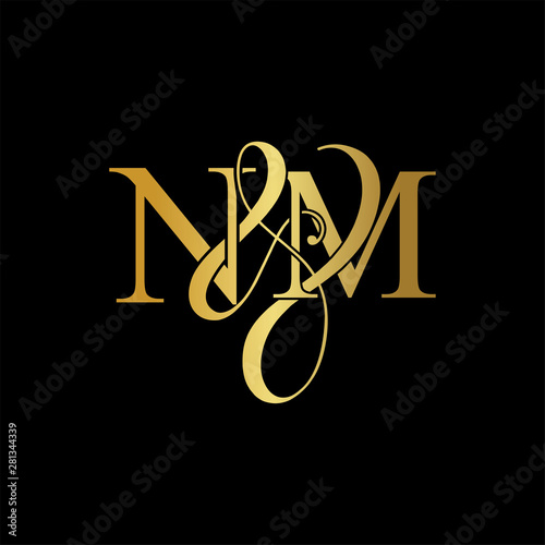 Initial letter N & M NM luxury art vector mark logo, gold color on black background. photo