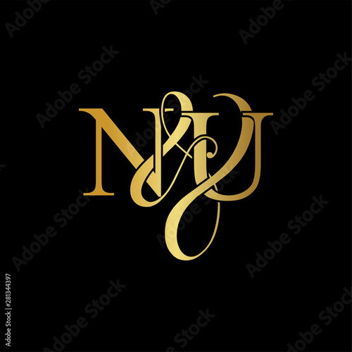 Initial letter N & U NU luxury art vector mark logo, gold color on black background.