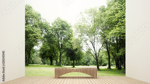 Living room in home and nature view - Relax area in living room and forest view background - Interior simple design for residential artwork - 3D Rendering