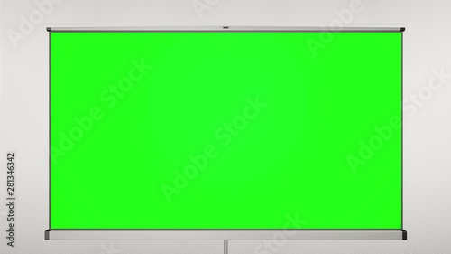 Projection cinema screen pull-down and camera zoom to green screen.  White wall behind tripod. 60 fps animation.