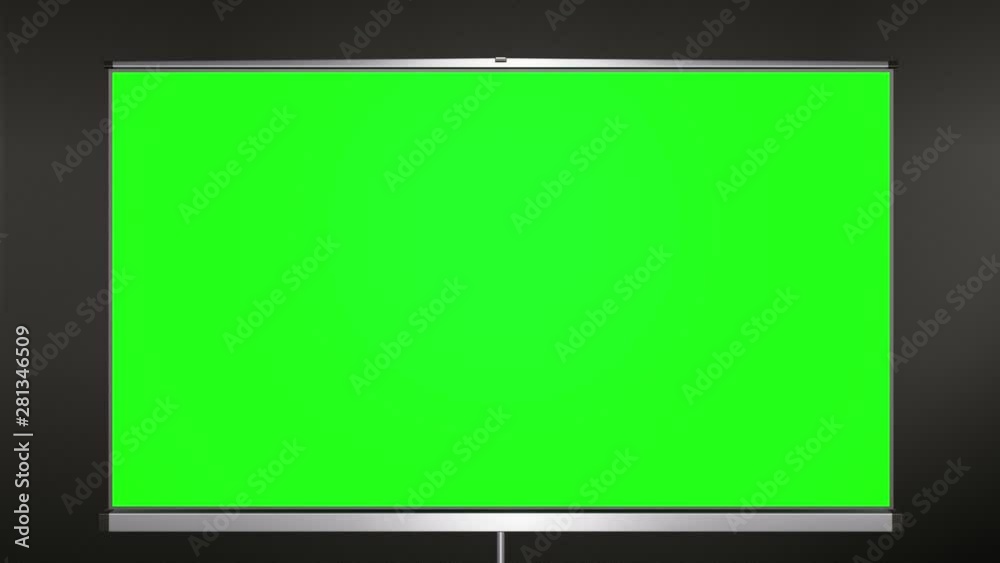 Projection cinema screen pull-down and camera zoom to green screen. Black wall behind tripod. 60 fps animation. Projection cinema screen pull-down and camera zoom to green screen. Black wall behind tripod. 60 fps animation.