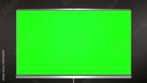 Projection cinema screen pull-down and camera zoom to green screen.  Black wall behind tripod. 60 fps animation.