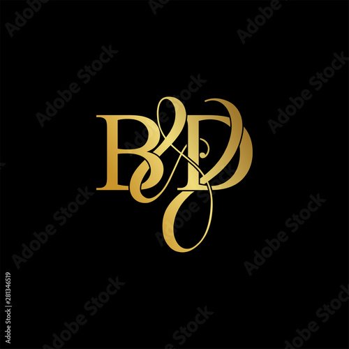 Initial letter B & D BD luxury art vector mark logo, gold color on black background.