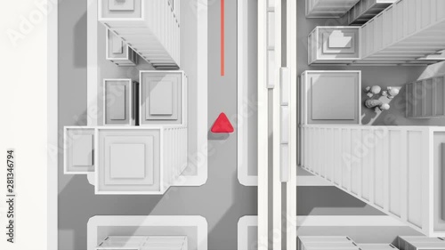 Top view of low poly GPS map of city. Red arrow  running forward along a path. 60fps loopable seamless animation.