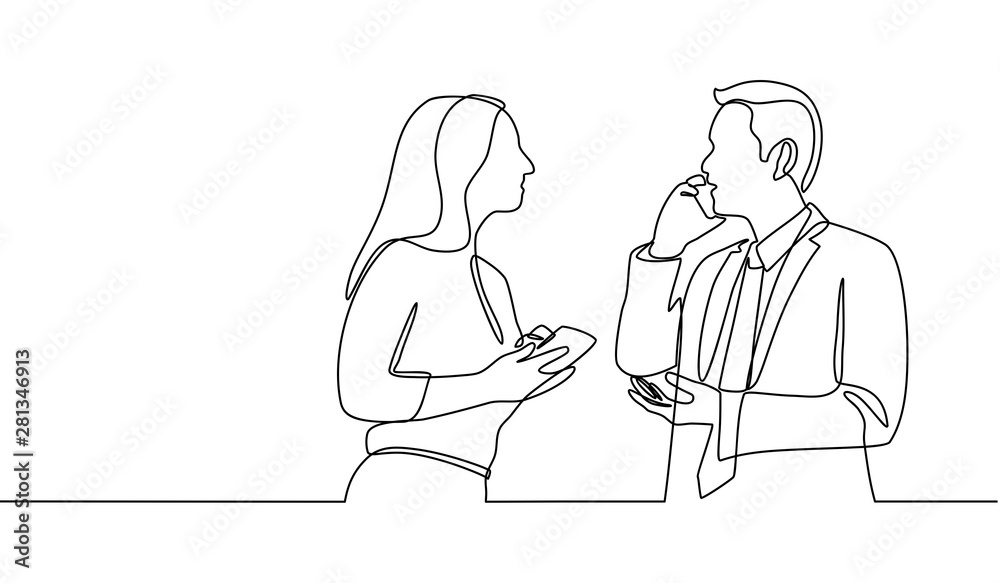 Continuous line drawing of two business people discussing in the conference room and showing cellphones. Creative business team brainstorming over project isolated on white background. Continuous line drawing of two business people discussing in the conference room and showing cellphones. Creative business team brainstorming over project isolated on white background.
