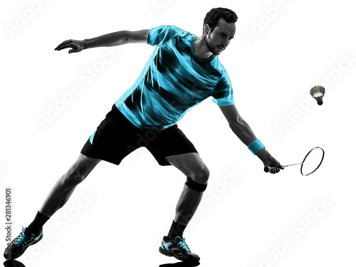 one caucasian Badminton player man in studio shadow silhouette isolated on white background © snaptitude