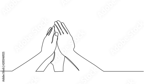 Continuous line drawing of handshake celebrating victory, achievement or good work result. handshake up to celebrate a joint victory isolated on white background.