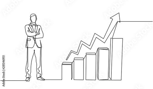 continuous line drawing of Businessman looking for investment opportunity standing on growth graph. concept of business success through growth graph. Investor. Profit Stock Market. Business concept.