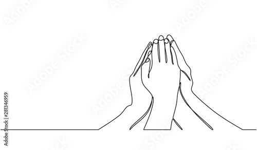 Continuous line drawing of handshake celebrating victory, achievement or good work result. handshake up to celebrate a joint victory isolated on white background.