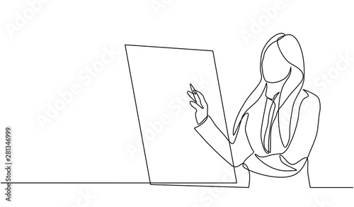 Continuous line drawing of a woman writing graph marketing executive on the board. business woman showing data. Meeting and marketing concept. Business woman presenting on white board.