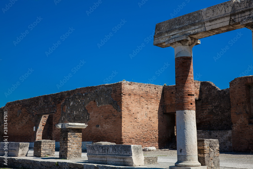 Ruins of the Forum at the ancient city of Pompeii in a beautiful early spring day