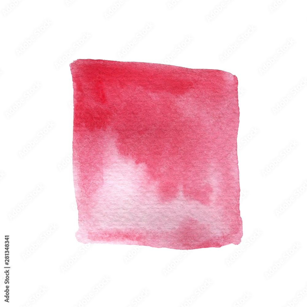 Ruby red watercolor stain. Scarlet square shape. Hand drawn isolated element on white background