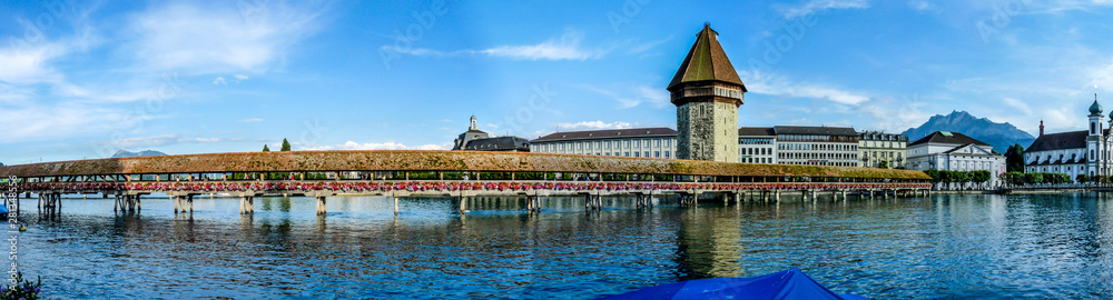 Switzerland Panorama, Chapel Bridge, Jesuitenkirche, BRIDGE OVER RIVER BY BUILDINGS AGAINST SKY