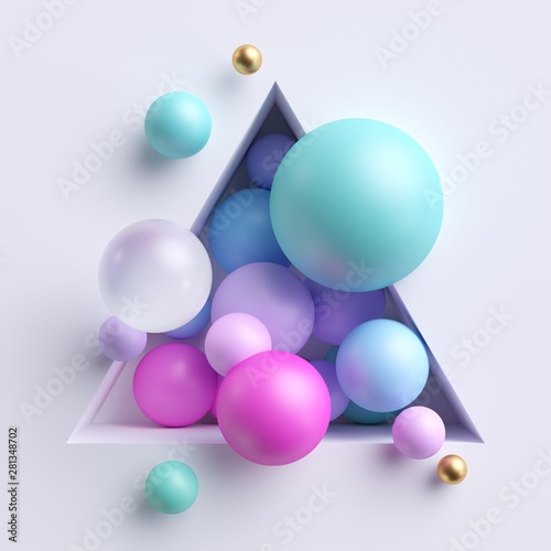 3D Kugeln Tapete - Fototapete 3d abstract illustration, assorted pink blue pastel balls inside triangular niche isolated on white background