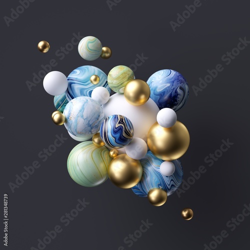 3d abstract assorted marble balls isolated on black background