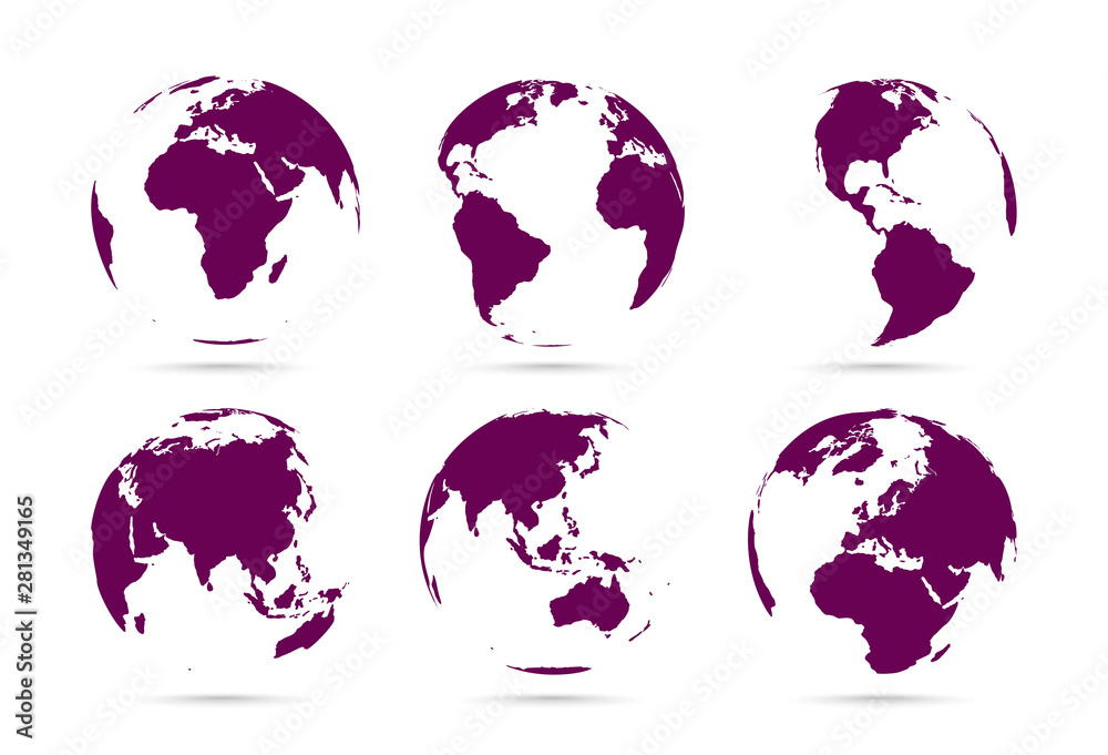 Collection of dark flat icons globes. Set maps of the world. Planet with continents Collection of dark flat icons globes. Set maps of the world. Planet with continents
