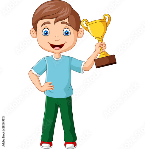 Cartoon little boy holding gold trophy