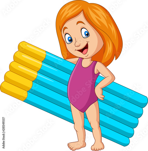 Cartoon girl in a swimsuit holding inflatable mattress