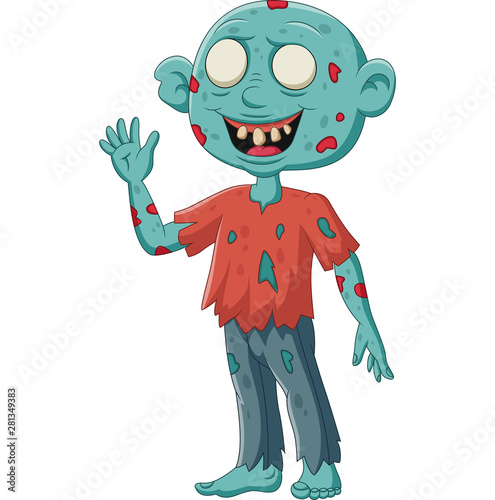 Cartoon zombie stand waving on white background