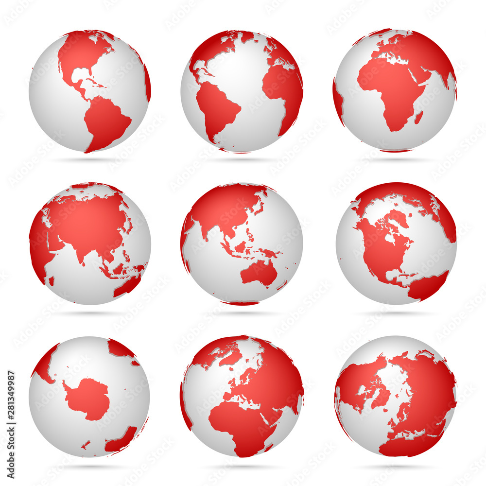 Collection of bright red-white globes icons. Set maps of the world. Planet with continents Collection of bright red-white globes icons. Set maps of the world. Planet with continents