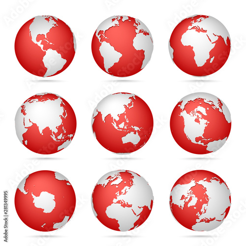 Collection of bright red-white globes icons. Set maps of the world. Planet with continents